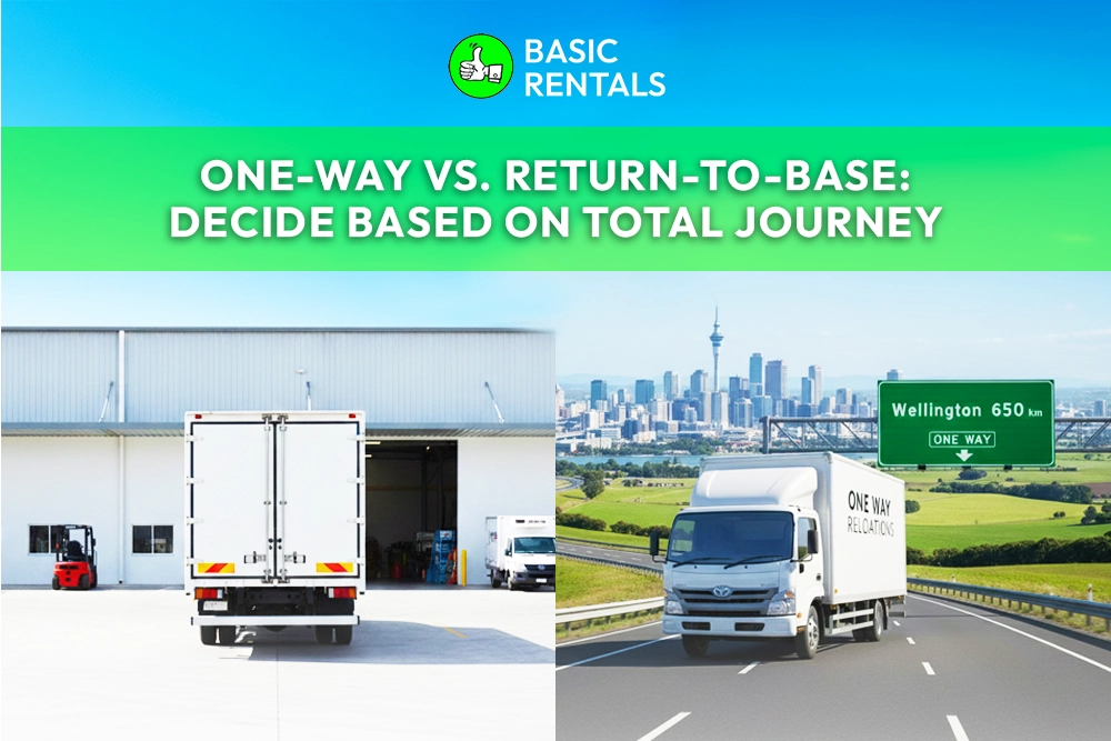 Split image showing a Basic Rentals box truck at a depot and a one-way relocation truck on a motorway, with text about one-way vs return-to-base. 